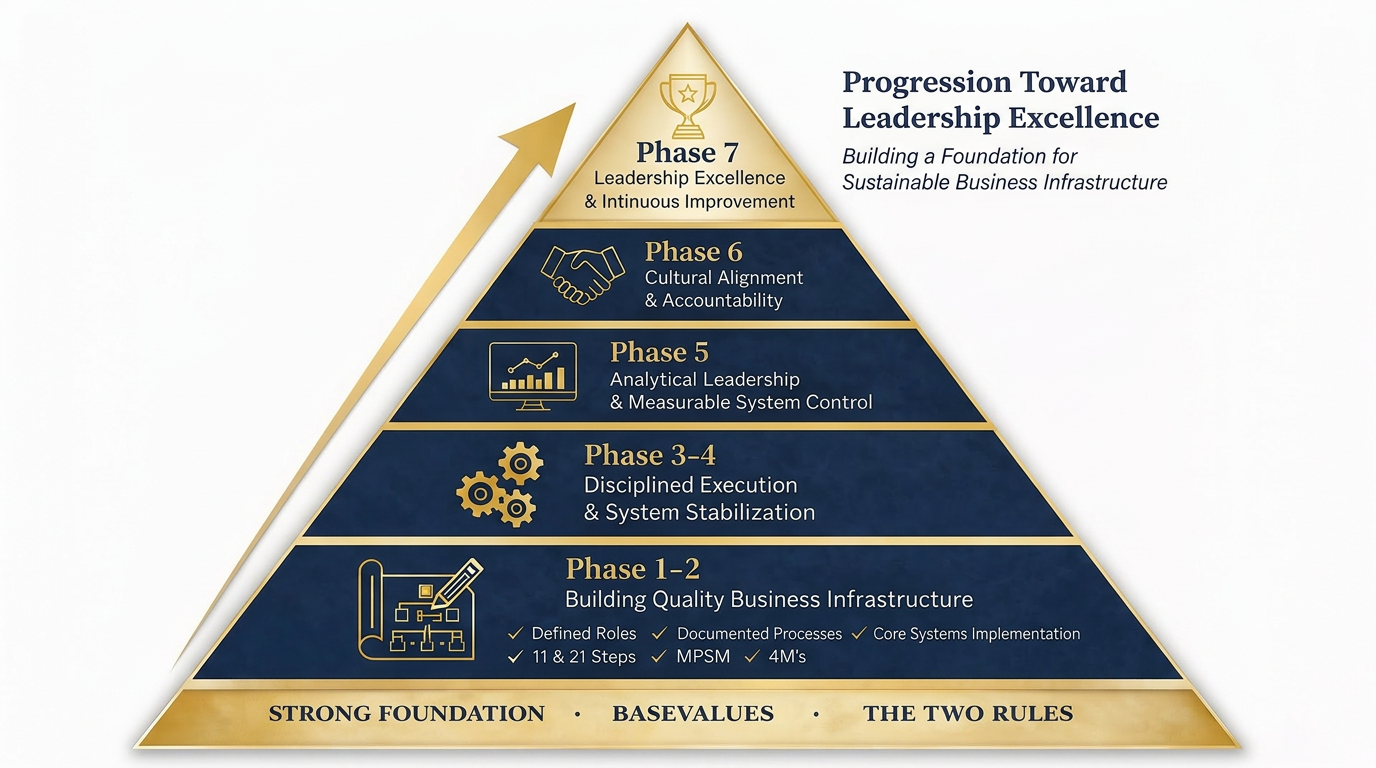 Pyramid diagram showing the SABS curriculum progression, with Phases 1–2 forming the foundation and each later phase building toward full leadership integration at the peak.